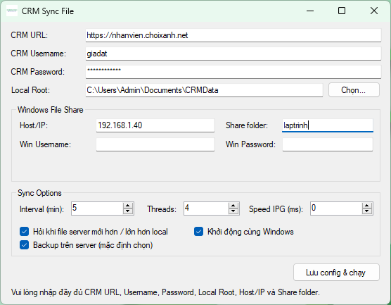 Đủ cấu hình thì hiện nút Lưu config